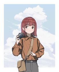  absurdres bad_id bad_pixiv_id bag blue_sky border breasts brown_eyes camera closed_mouth cloud collared_shirt commentary female grey_pants hand_up highres holding holding_camera kenharu light_smile ligne_claire long_sleeves medium_hair orange_shirt original pants red_hair satchel shirt sky solo white_border 