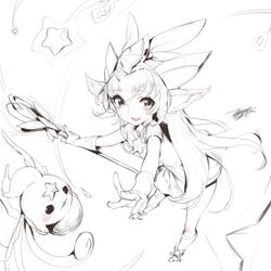  dated dress ejami female gloves league_of_legends long_hair lulu_(league_of_legends) monochrome open_mouth pix_(league_of_legends) signature simple_background skirt smile solo staff star_(symbol) star_guardian_(league_of_legends) star_guardian_lulu star_guardian_pet white_background yordle 