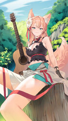  animal_ear_fluff animal_ears bare_arms black_gloves black_shirt bow breasts cleavage cleavage_cutout closed_mouth clothing_cutout commission crop_top day female flower foreshortening fox_ears fox_tail gloves green_eyes guitar hair_flower hair_ornament highres hizuki_rurufu instrument kitada_mo long_hair looking_at_viewer medium_breasts midriff navel outdoors pink_hair pink_tail red_bow red_ribbon ribbon shirt sitting skeb_commission skirt sleeveless sleeveless_shirt smile snack_nili solo tail tail_flower tail_ornament thighs tree_stump virtual_youtuber white_flower white_skirt 