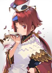  apron benienma_(fate) bird brown_hair commentary_request fate/grand_order fate_(series) feather_trim female hand_on_own_hip hat kanzarin low_ponytail one_eye_closed plate red_eyes solo tasting tasting_plate wide_sleeves 