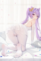  all_fours ass bare_shoulders blush breasts closed_mouth double_bun feet female from_behind full_body genshin_impact hair_bun hair_ornament highres keqing_(genshin_impact) long_hair looking_at_viewer looking_back muq no_shoes panties panties_under_pantyhose pantyhose petals pillow presenting purple_eyes purple_hair see-through see-through_skirt skirt soles solo thighs twintails underwear white_pantyhose 