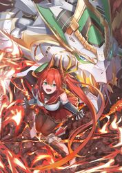  :d armor blue_eyes breasts brown_horns brown_pantyhose dragon female gauntlets greaves hair_between_eyes hair_ribbon horns ichien_ekaki large_breasts long_hair looking_at_viewer pantyhose red_hair red_skirt ribbon rola_(shadowverse) school_uniform serafuku shadowverse skirt smile very_long_hair yellow_ribbon 