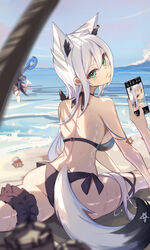  2girls absurdres animal_ear_fluff animal_ears beach bikini black_bikini black_garter braid bridal_garter commentary_request crab earrings fox_ears fox_girl fox_tail front_split green_eyes hair_between_eyes highres holding holding_phone hololive innertube jewelry kitabana long_hair looking_at_viewer looking_back multiple_girls ocean outdoors pentagram phone pov pov_hands running shirakami_fubuki sidelocks single_braid split swim_ring swimsuit tail virtual_youtuber white_hair 