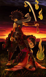  1boy armor black_hair commentary_request female flower grass hair_flower hair_ornament hitodama holding holding_sword holding_weapon izuna_jinkuro japanese_armor japanese_clothes katana kimono kisuke looking_at_viewer looking_back momohime oboro_muramasa ochazukefinch scarf sitting skull sunset sword thighhighs weapon zettai_ryouiki 