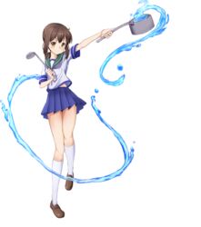  ame. brown_hair commentary_request female fubuki_(kancolle) holding_saucepan kantai_collection ladle md5_mismatch saucepan school_uniform serafuku short_hair short_ponytail simple_background solo water yellow_eyes 