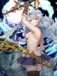  animal_ears bad_id bad_pixiv_id blue_hair blush breasts brown_eyes cape commentary_request erune female ferry_(granblue_fantasy) granblue_fantasy highres long_hair looking_at_viewer medium_breasts momo_(granblue_fantasy) naokado open_mouth rabbit_ears sideboob solo 