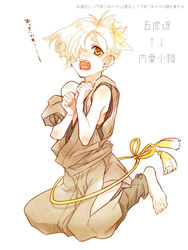  1boy barefoot blonde_hair blush bow commentary_request cosplay full_body gokotai hairbow japanese_clothes kogitsunemaru kogitsunemaru_(cosplay) male_focus open_mouth simple_background solo tears touken_ranbu translated white_background yellow_eyes zuwai_kani 