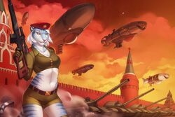  2018 anthro breasts command_and_conquer detailed_background digital_media_(artwork) electronic_arts felid female hair hammer_and_sickle kirov_airship lutherine mammal midriff natasha_(lutherine) natasha_volkova_(red_alert) navel orphen-sirius pantherine pink_nose red_alert_(series) red_alert_3 solo tank tiger vehicle white_hair yellow_eyes 