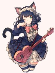  ;) animal_ears bell black_hair blush bow cat_ears cat_girl cat_tail commentary_request curly_hair cyan_(show_by_rock!!) dress female guitar hairband heart_guitar highres instrument jingle_bell junwool lolita_hairband looking_at_viewer one_eye_closed paw_pose revision show_by_rock!! simple_background smile solo strawberry_heart_(show_by_rock!!) striped_clothes striped_thighhighs tail thighhighs white_background 