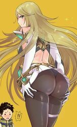  :o alternate_costume ass ass_grab back bare_shoulders black_bra black_panties blonde_hair blush bra breasts commentary cowboy_shot detached_sleeves female from_behind hands_on_ass hikari_(xenoblade_2) huge_ass large_breasts long_hair looking_at_viewer nintendo nose_blush ooshima_aki panties pantyhose rex_(xenoblade_2) sideboob simple_background skin_tight skindentation skirt smile solid_circle_eyes spirit_(super_smash_bros.) super_smash_bros. surprised sweat thigh_strap underwear white_bra white_skirt xenoblade_(series) xenoblade_2 yellow_background yellow_eyes 