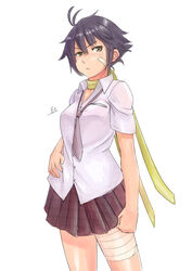  alternate_costume antenna_hair bandages bandaid bandaid_on_face black_hair blush breasts brown_eyes choker clenched_hand commentary_request cowboy_shot female hand_on_own_hip highres loose_necktie makoto_(street_fighter) medium_breasts necktie pleated_skirt ribbon_choker school_uniform short_hair skirt solo street_fighter street_fighter_iv_(series) teresa007 unmoving_pattern 