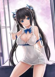  black_hair blue_eyes blue_ribbon breasts cleavage commentary_request covered_navel cowboy_shot dress dungeon_ni_deai_wo_motomeru_no_wa_machigatteiru_darou_ka female gloves hair_ribbon hestia_(danmachi) korean_commentary large_breasts long_hair looking_at_viewer mhg_(hellma) pencil_dress rei_no_himo ribbon smile solo twintails very_long_hair white_gloves 