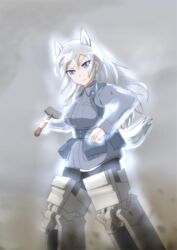  absurdres animal_ears aurora_e._juutilainen black_pantyhose commentary_request female focke-wulf_(usmarinecorp) glowing grey_hair highres holding long_hair looking_at_viewer pantyhose pouch purple_eyes shovel solo strike_witches:_aurora_no_majo striker_unit tail uniform wolf_ears wolf_girl wolf_tail world_witches_series 