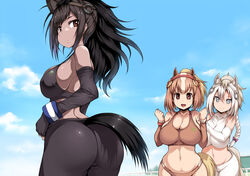  3girls :d alternate_breast_size animal_ears ass bare_shoulders black_hair black_pants black_sports_bra blonde_hair blue_sky blush bow braid breasts bridle brown_eyes brown_hair brown_sports_bra brown_thoroughbred_(kemono_friends) buruma chestnut_thoroughbred_(kemono_friends) cleavage closed_mouth cloud collarbone commentary_request dark-skinned_female dark_skin day detached_sleeves elbow_gloves extra_ears fingerless_gloves gloves hairbow hand_on_another&#039;s_shoulder horizontal_pupils horse_ears horse_girl horse_tail japan_racing_association kemono_friends large_breasts leaning_forward long_hair long_sleeves looking_at_viewer multicolored_hair multiple_girls navel o-ring open_mouth outdoors pants pantyhose pink_bow sagging_breasts short_hair sideboob single_braid single_vertical_stripe skindentation sky smile sports_bra sportswear stomach strap_gap streaked_hair sweatband tail tight_clothes tight_pants tsukasawa_takamatsu twisted_torso white_hair white_sports_bra white_thoroughbred_(kemono_friends) 