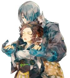  1boy =_= azama_(fire_emblem) blue_gloves closed_eyes commentary_request female fire_emblem fire_emblem_fates genderswap_(mtf) gloves hair_over_one_eye holding_hands hug hug_from_behind japanese_clothes looking_at_another pom_pom_(cheerleading) rule_63 setsuna_(fire_emblem) shourou_kanna sweatdrop 