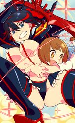  +_+ 2girls black_hair blue_eyes blue_sailor_collar boots breasts brown_eyes brown_hair commentary_request highres hug hug_from_behind kill_la_kill large_breasts mankanshoku_mako matoi_ryuuko multicolored_hair multiple_girls revealing_clothes sailor_collar sako_(namocake) scissor_blade_(kill_la_kill) senketsu short_hair showgirl_skirt sword symbol-shaped_pupils thigh_boots thighhighs two-tone_hair underboob weapon 