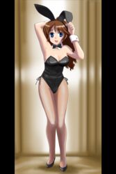  animal_ears blue_eyes bow bowtie breasts brown_hair bunny_ears bunny_girl bunny_tail bunnysuit female fishnets high_heels kitazaki_mayuki long_hair original pantyhose side_boob sideboob smile solo standing tail wide_hips 