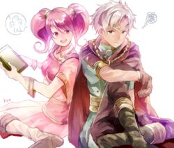  1boy blush boey_(fire_emblem) book dark_skin embarrassed female fire_emblem fire_emblem_echoes:_mou_hitori_no_eiyuuou gloves holding holding_book mae_(fire_emblem) pink_hair sitting smile twintails white_hair 