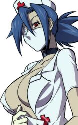  +_+ bad_id bad_twitter_id blue_hair breasts choker cleavage cross eyepatch female ganno gloves hat large_breasts latex latex_gloves mask mouth_mask nurse nurse_cap open_clothes ponytail red_cross short_hair skullgirls surgical_mask symbol-shaped_pupils upper_body valentine_(skullgirls) 