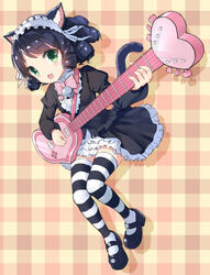  animal_ears bell black_hair black_skirt bow bowtie cat_ears cat_girl cat_tail commentary curly_hair cyan_(show_by_rock!!) drogoth english_commentary female green_eyes guitar headdress heart heart_guitar highres instrument looking_at_viewer mary_janes plaid plaid_background shoes short_hair show_by_rock!! skirt strawberry_heart_(show_by_rock!!) striped_clothes striped_thighhighs tail thighhighs zettai_ryouiki 