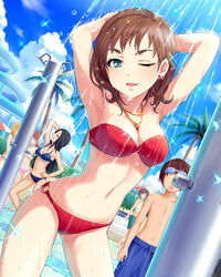  2boys 4girls aqua_eyes armpits artist_request bandeau bikini black_hair blue_bikini breasts brown_hair cleavage closed_eyes earrings faceless faceless_male freckles goggles goggles_on_head idolmaster idolmaster_cinderella_girls jewelry kate_(idolmaster) long_hair male_swimwear medium_breasts mukai_takumi multiple_boys multiple_girls navel necklace o-ring o-ring_bottom official_art one_eye_closed outdoors palm_tree parted_lips pendant red_bikini short_hair solo_focus swim_trunks swimsuit tree 