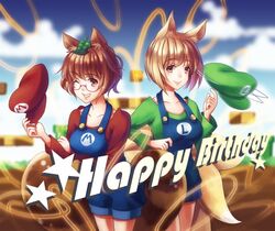  2girls animal_ears birthday blonde_hair blush breasts brown_eyes brown_hair commentary_request cosplay crossover fox_ears fox_tail futatsuiwa_mamizou glasses happy_birthday hat leaf leaf_on_head long_sleeves luigi luigi_(cosplay) mario mario_(cosplay) mario_(series) medium_breasts multiple_girls multiple_tails overalls raccoon_ears raccoon_tail rainbow2319682 short_hair shorts smile super_leaf_(transformation) super_mario_bros._1 tail touhou unworn_hat unworn_headwear warp_pipe yakumo_ran yellow_eyes 