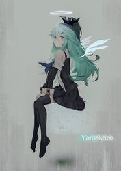  angel angel_wings black_ribbon black_thighhighs character_name commentary_request detached_sleeves female green_eyes green_hair hair_between_eyes hair_ornament hair_ribbon hairclip halo hands_on_own_knees kantai_collection long_hair looking_at_viewer miniskirt oooomiga photoshop_(medium) pleated_skirt ponytail ribbon school_uniform serafuku shoes sitting skirt smile solo thighhighs unworn_shoes wings yamakaze_(kancolle) 