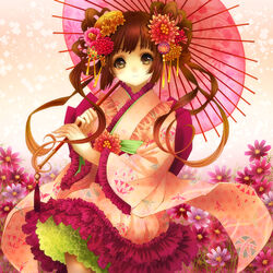  bad_id bad_pixiv_id blush brown_eyes brown_hair female field flower flower_field frilled_kimono frills hair_flower hair_ornament japanese_clothes kimono lolita_fashion long_hair looking_at_viewer oil-paper_umbrella original parasol skirt smile solo umbrella wa_lolita yuzu_5101 