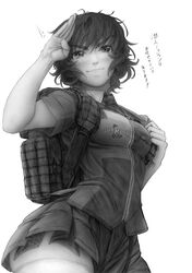  akiyama_yukari backpack bag circle_k_sunkus commentary employee_uniform female girls_und_panzer greyscale imizu_(nitro_unknown) looking_at_viewer messy_hair miniskirt monochrome salute short_hair short_sleeves skirt smile solo thighhighs translated uniform zettai_ryouiki 