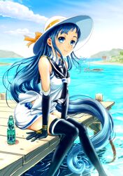  beach bird black_thighhighs blue_eyes blue_hair boat bottle cloud commentary_request day dock elbow_gloves female gloves gradient_hair hat highres kantai_collection long_hair looking_at_viewer mountain multicolored_hair neckerchief ocean orange_ribbon oshiyon outdoors pier ramune revision ribbon ripples sailor_collar samidare_(kancolle) school_uniform seagull serafuku shirt sitting sky sleeveless sleeveless_shirt smile solo sun_hat swept_bangs thighhighs torii very_long_hair water watercraft zettai_ryouiki 