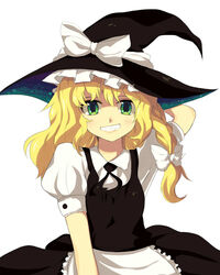  apron arm_behind_head bad_deviantart_id bad_id blizzomos blonde_hair bow braid female green_eyes grin hairbow hat hat_bow highres kirisame_marisa looking_at_viewer puffy_sleeves short_sleeves side_braid single_braid smile solo touhou upper_body waist_apron white_background white_bow witch_hat yellow_eyes 