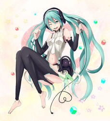  ;) akagi_kiyo aqua_eyes aqua_hair bad_id bad_pixiv_id barefoot black_thighhighs blush breasts cable detached_sleeves female garter_straps hatsune_miku hatsune_miku_(append) headphones long_hair microphone navel one_eye_closed small_breasts smile solo tattoo thighhighs twintails very_long_hair vocaloid vocaloid_append 