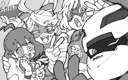  1boy 3girls @_@ ahoge arms_(game) bad_id bad_twitter_id beanie blunt_bangs bowl domino_mask greyscale hat helmet highres kid_cobra looking_at_another looking_at_viewer mask meandros mechanica_(arms) min_min_(arms) monochrome multiple_girls photobomb ribbon_girl_(arms) ribbon_hair selfie sweat upper_body uzura3026 v 