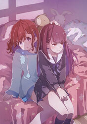  2girls :o bed black_legwear black_serafuku black_shirt black_skirt blanket blue_sweater blunt_bangs blush bright_pupils commentary_request day drawstring dress feet_out_of_frame frown fur_sweater hand_on_another&#039;s_head highres indoors kagawa_yuusaku kneehighs knees_together_feet_apart legs_together long_hair long_sleeves looking_at_viewer looking_away looking_to_the_side medium_hair miniskirt multicolored_hair multiple_girls open_mouth original own_hands_together pillow pleated_skirt purple_hair purple_ribbon red_eyes red_hair ribbon sailor_collar school_uniform serafuku shirt signature sitting skirt sleeves_past_wrists socks stuffed_animal stuffed_rabbit stuffed_toy sweater sweater_dress swept_bangs tareme teddy_bear two-tone_hair v_arms very_long_hair white_sailor_collar yuri 