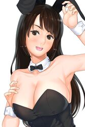  animal_ears bad_id bad_pixiv_id black_hair bow bowtie breasts brown_eyes detached_collar fake_animal_ears female harumaki_haruki large_breasts leotard long_hair playboy_bunny rabbit_ears solo wrist_cuffs 