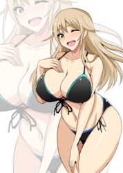  ;d bare_arms bare_shoulders bikini black_bikini black_ribbon blush breasts cleavage collarbone commentary_request cowboy_shot female front-tie_bikini_top front-tie_top girls_und_panzer girls_und_panzer_ribbon_no_musha hand_on_own_chest hifumi_hajime highres large_breasts leaning_forward long_hair matsukaze_rin navel nose_blush one_eye_closed open_mouth ribbon shiny_skin side-tie_bikini_bottom simple_background smile solo standing stomach swimsuit thighs very_long_hair white_background 