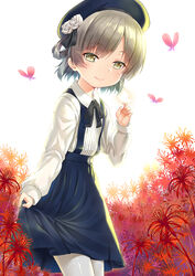  animal beret black_bow black_hat black_ribbon black_skirt blush bow brown_eyes brown_hair bug butterfly chinese_commentary closed_mouth collared_shirt commentary_request female fingernails flower hair_flower hair_ornament hair_rings hand_up hat hatoba_tsugu highres leaning_forward long_sleeves looking_at_viewer looking_to_the_side pantyhose photoshop_(medium) pleated_skirt red_flower ribbon rose shirt shitou_(1992116210) skirt skirt_hold smile solo suspender_skirt suspenders tsugu_(vtuber) virtual_youtuber white_background white_flower white_pantyhose white_rose white_shirt 