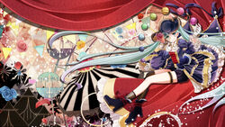  absurdly_long_hair bridal_garter commentary_request female gloves green_eyes green_hair hat hatsune_miku high_heels long_hair single_thighhigh socks solo striped thighhighs tsujiori twintails vertical_stripes very_long_hair vocaloid 