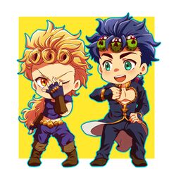  2boys bad_id bad_pixiv_id blonde_hair blue_hair boots brown_footwear bug chibi cosplay costume_switch earrings father_and_son fingerless_gloves giorno_giovanna giorno_giovanna&#039;s_pose_(jojo) giorno_giovanna_(cosplay) gloves green_eyes hair_ornament hairclip jewelry jojo_no_kimyou_na_bouken jojo_pose jonathan_joestar jonathan_joestar&#039;s_pose_(jojo) jonathan_joestar_(cosplay) koma_saburou ladybug long_hair male_focus multiple_boys open_mouth outline pose round_teeth smile teeth vento_aureo yellow_eyes 