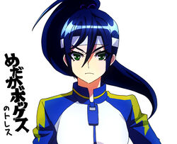  147 blue_hair character_request commentary_request female frown green_eyes headband inazuma_eleven_(game) inazuma_eleven_(series) inazuma_eleven_go inazuma_eleven_go_chrono_stone jacket long_hair looking_at_viewer ponytail raimon simple_background solo track_jacket translated upper_body white_background 