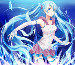  blue_eyes blue_hair commentary_request elbow_gloves female fingerless_gloves gloves hatsune_miku highres hood long_hair m.s.s_project mitsuki_(azure) skirt solo thighhighs twintails underwater vocaloid white_gloves white_thighhighs zettai_ryouiki 