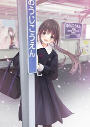  bad_id bad_pixiv_id bag brown_eyes brown_hair cherry_blossoms chikuwa_(odennabe) commentary_request female kobe long_hair looking_at_viewer open_mouth original pantyhose poster_(object) real_world_location revision school_bag school_uniform serafuku smile solo station train_station twintails winter_clothes 