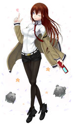  ;) akagi_kiyo ankle_boots bad_id bad_pixiv_id black_pantyhose black_shorts blue_eyes boots breasts brown_hair cellphone commentary_request female jacket long_hair makise_kurisu medium_breasts metal_upa necktie off_shoulder one_eye_closed pantyhose phone red_necktie short_shorts shorts smile solo steins;gate 