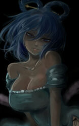  aqua_dress bare_shoulders blue_eyes blue_hair breasts cleavage collarbone commentary_request darkness dress evil_smile female ginji_(sakaki_summer) hair_ornament hair_rings hair_stick head_tilt kaku_seiga large_breasts looking_at_viewer no_bra off_shoulder panties parted_lips smile solo striped_clothes striped_panties touhou underwear upper_body 