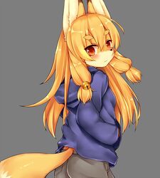  animal_ears ass bell blue_shirt borrowed_character brown_hair commentary_request female fox_ears fox_girl fox_tail from_behind furry furry_female grey_background grey_pants hair_ornament hands_in_pockets highres hood jingle_bell kida_kuro_mu koko_(kishibe) long_hair looking_back original pants red_eyes shirt simple_background solo tail upper_body 