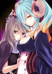  2girls blue_hair breasts brown_eyes brown_hair cleavage commentary covered_nipples demon_horns empty_eyes gradient_hair hair_ornament hair_over_one_eye hand_on_another&#039;s_head highres horns kurokawa_(silve) lapis_(sennen_sensou_aigis) large_breasts long_hair looking_at_viewer lucia_(sennen_sensou_aigis) multicolored_hair multiple_girls orange_eyes orange_hair photoshop_(medium) sennen_sensou_aigis twintails two-tone_hair upper_body 