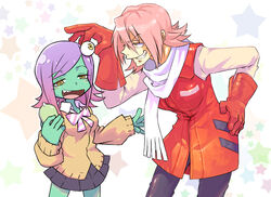  2girls colored_skin commentary_request eyeball flcl gloves gorimaro green_skin grin haruhara_haruko highres leaning_forward midori_(uchuu_patrol_luluco) multiple_girls pink_hair red_gloves scarf school_uniform sharp_teeth shintani_mayumi smile star_(symbol) teeth uchuu_patrol_luluco voice_actor_connection white_background 