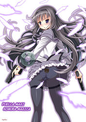  akemi_homura akemi_homura_(magical_girl) animal_print ass back-print_panties bear_panties bear_print black_hair black_pantyhose blush commentary_request feathers female gun hairband handgun highres holding holding_gun holding_weapon long_hair magical_girl mahou_shoujo_madoka_magica mahou_shoujo_madoka_magica_(anime) number10_(hagakure) panties panties_under_pantyhose pantyhose pantyshot photoshop_(medium) print_panties purple_eyes skirt solo thighband_pantyhose trigger_discipline underwear weapon white_panties 