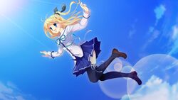  blonde_hair blue_eyes cloud clouds da_capo da_capo_iii female jumping long_hair morizono_rikka open_mouth shoes skirt sky solo thighhighs 