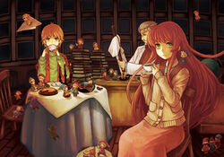  2boys bad_id bad_pixiv_id blonde_hair blue_eyes book candle cardigan chair cup dress fairy_(jintai) female grandfather_(jintai) green_eyes haruhito_(divineshalt) jinrui_wa_suitai_shimashita joshu-san long_hair multiple_boys paper_airplane photoshop_(medium) pink_hair short_hair sitting sweater table tea teacup very_long_hair watashi_(jintai) wooden_floor 